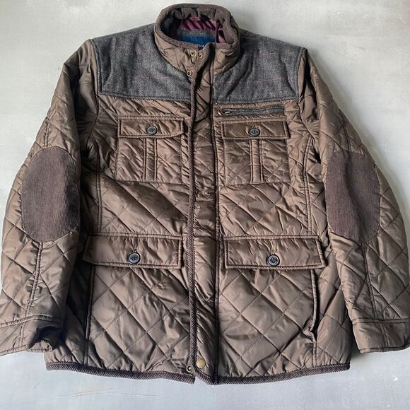 Cole Haan Other - Cole Haan Jacket Men Large Quilted Brown Gray Wool Yoke Utility Pockets Winter